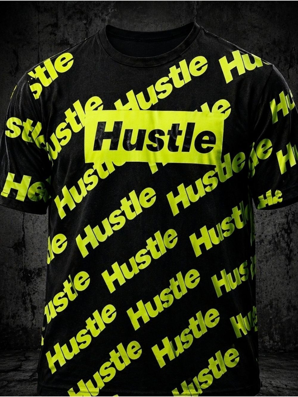 Hustle Script Print Black and Bright Green Short Sleeve Tee Size Large